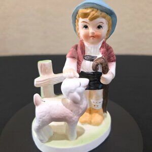 Vintage Ceramic Dutch Shepherd Boy with Hooked Staff Petting Lamb Figurine